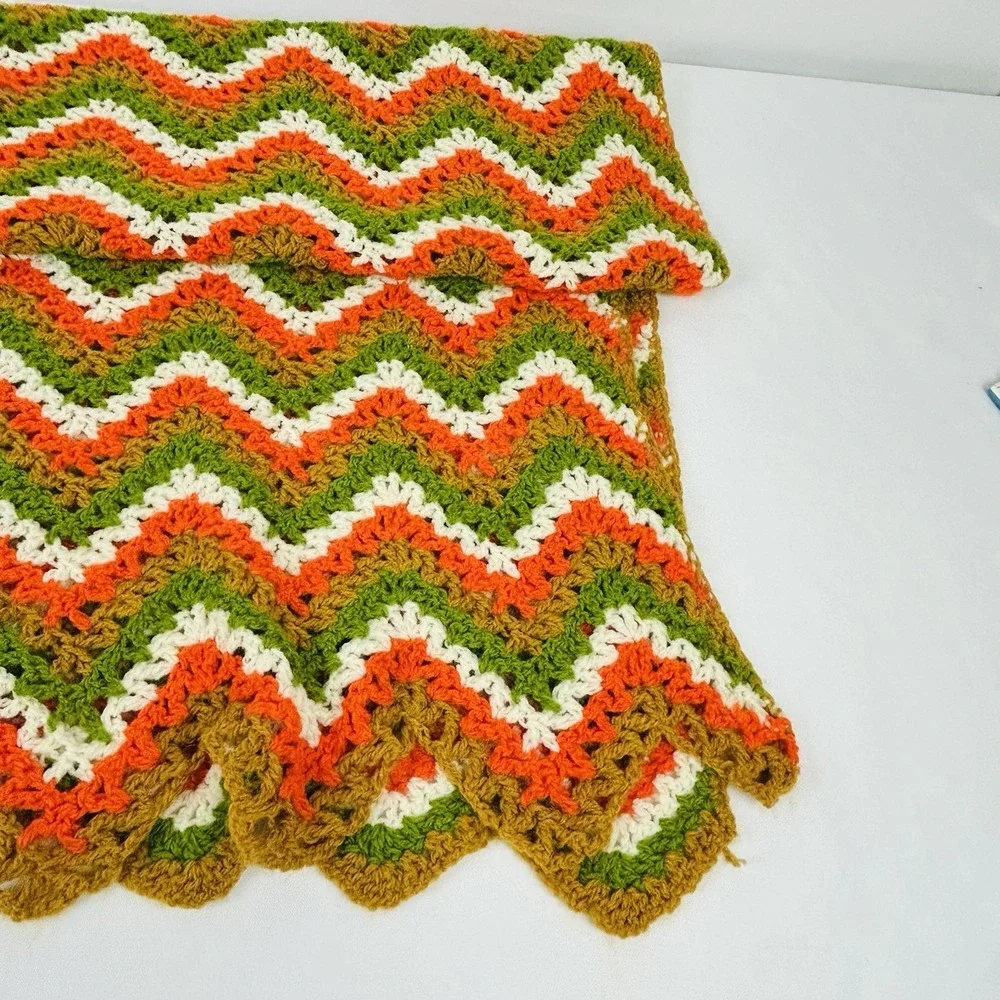 Handmade Throw Blanket Crocheted Granny Afghan Green Gold Orange White 80 x 48